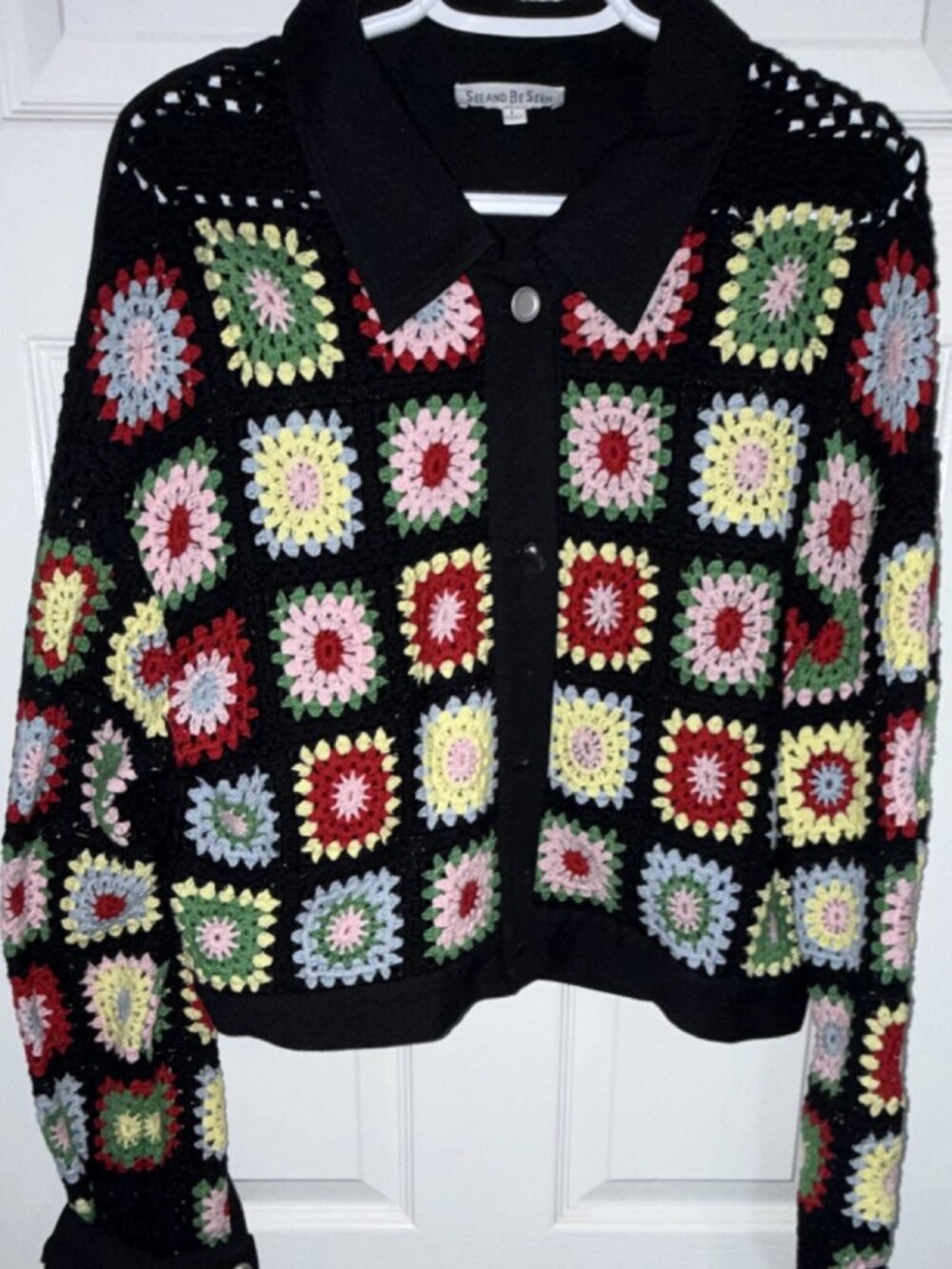 See And Be Seen Black Multicolor Crochet Button Jacket Women’s Short L